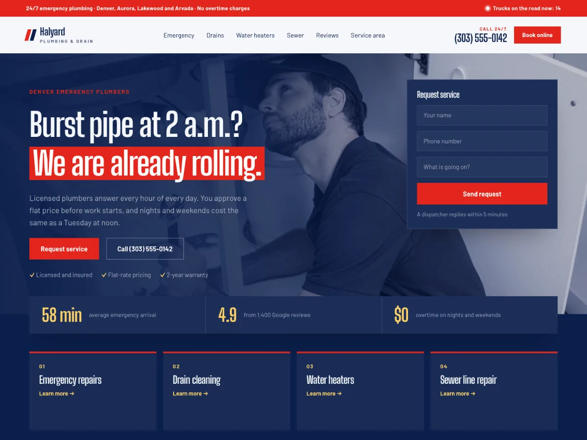 Plumber website design example: Halyard Plumbing & Drain homepage