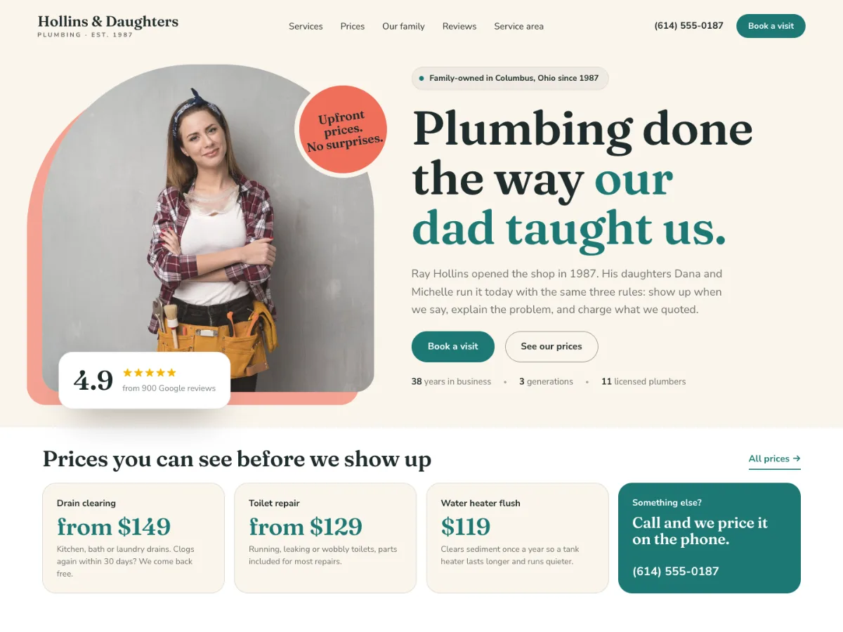 Plumber website design example: Hollins & Daughters Plumbing homepage