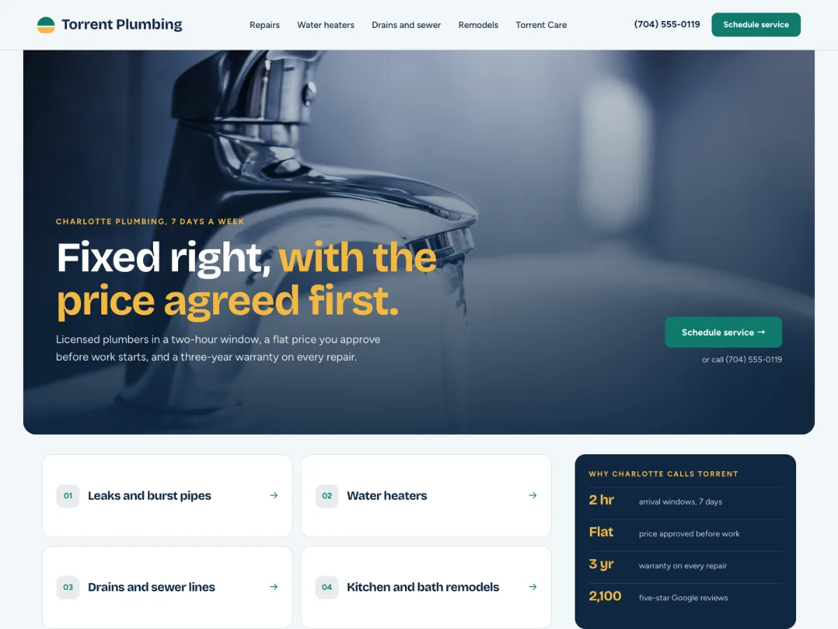 Plumber website design example: Torrent Plumbing homepage