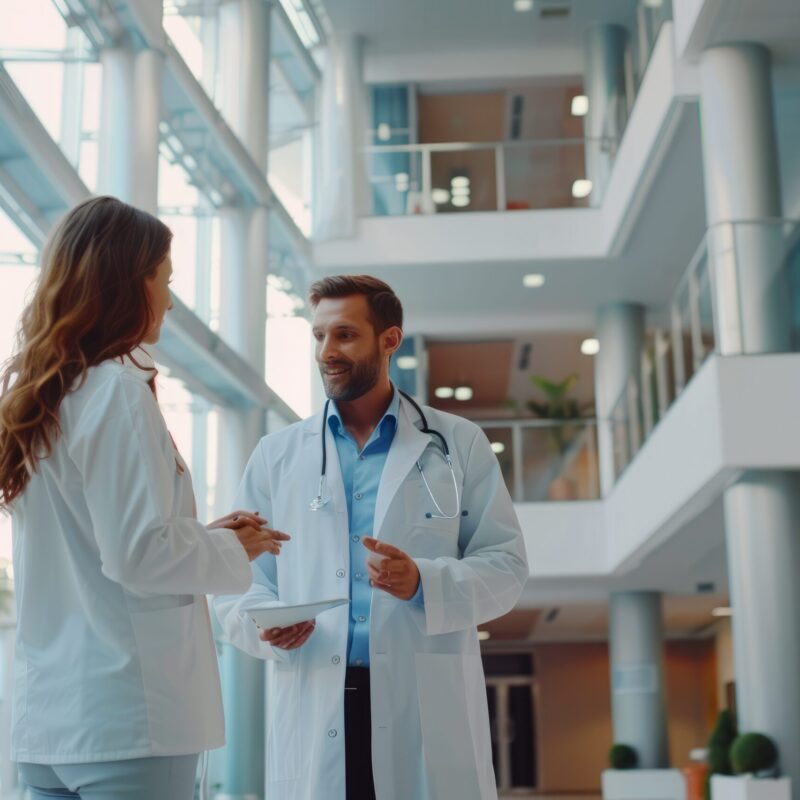 Sales representative talking to a doctor in the medical building Pharmaceutical company sales representative talking to doctor in medical building
