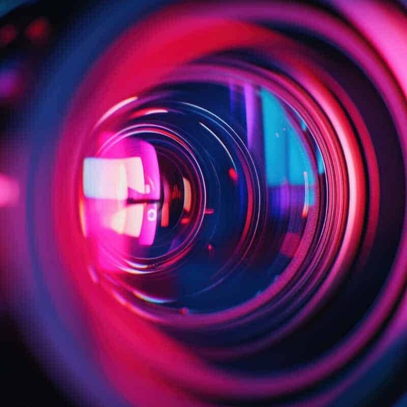 Close-Up Of A Video Camera Lens, Focusing On The Red And Blue Reflections, Representing Vibrant Colors In Video Production. --Ar 67:45 --V 6.1 Job Id: Ceaade54-2B58-4D25-8Be6-23037B36D2C5