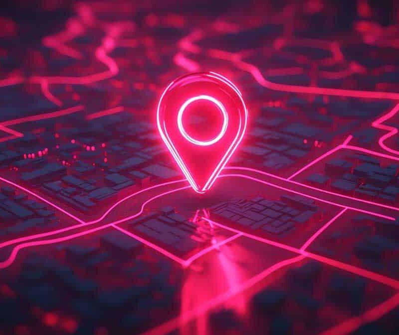 Enclosed neon map with a red siren light flashing, highlighting Neon pink location pin on a digital city map, symbolizing navigation and mapping in a futuristic design.