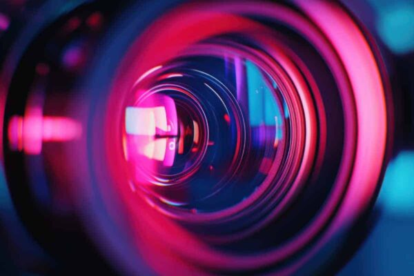 Close-up of a video camera lens, focusing on the red and blue reflections, representing vibrant colors in video production. --ar 67:45 --v 6.1 Job ID: ceaade54-2b58-4d25-8be6-23037b36d2c5