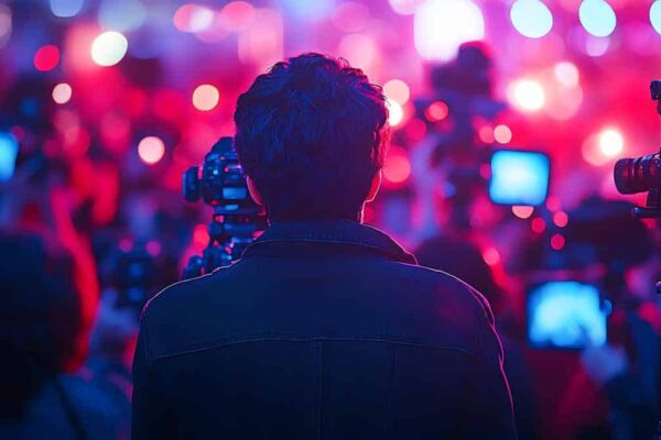 A cameraman captures the energy of a vibrant concert. The scene is full of bright lights and excited spectators.